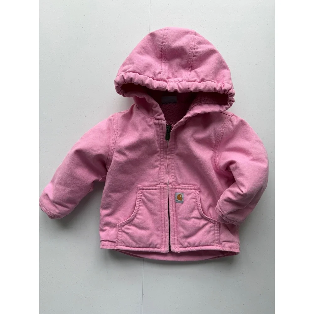 Carhartt 12 Months Baby Girl's Sherpa-Lined Hooded Canvas Zip-Up Jacket, Pink